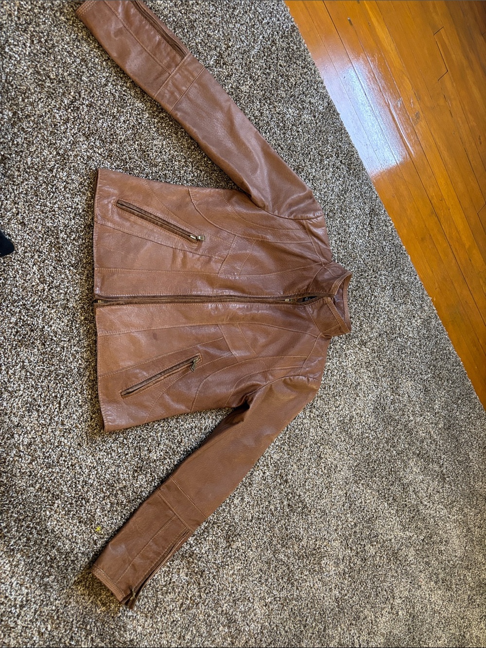 a.n.a Brown Faux Leather Zip-Front Jacket